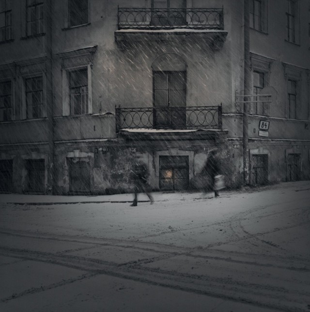 Вечерний снег, 1996. Чёрно-белая магия Санкт-Петербурга.  Фотограф Алексей Титаренко