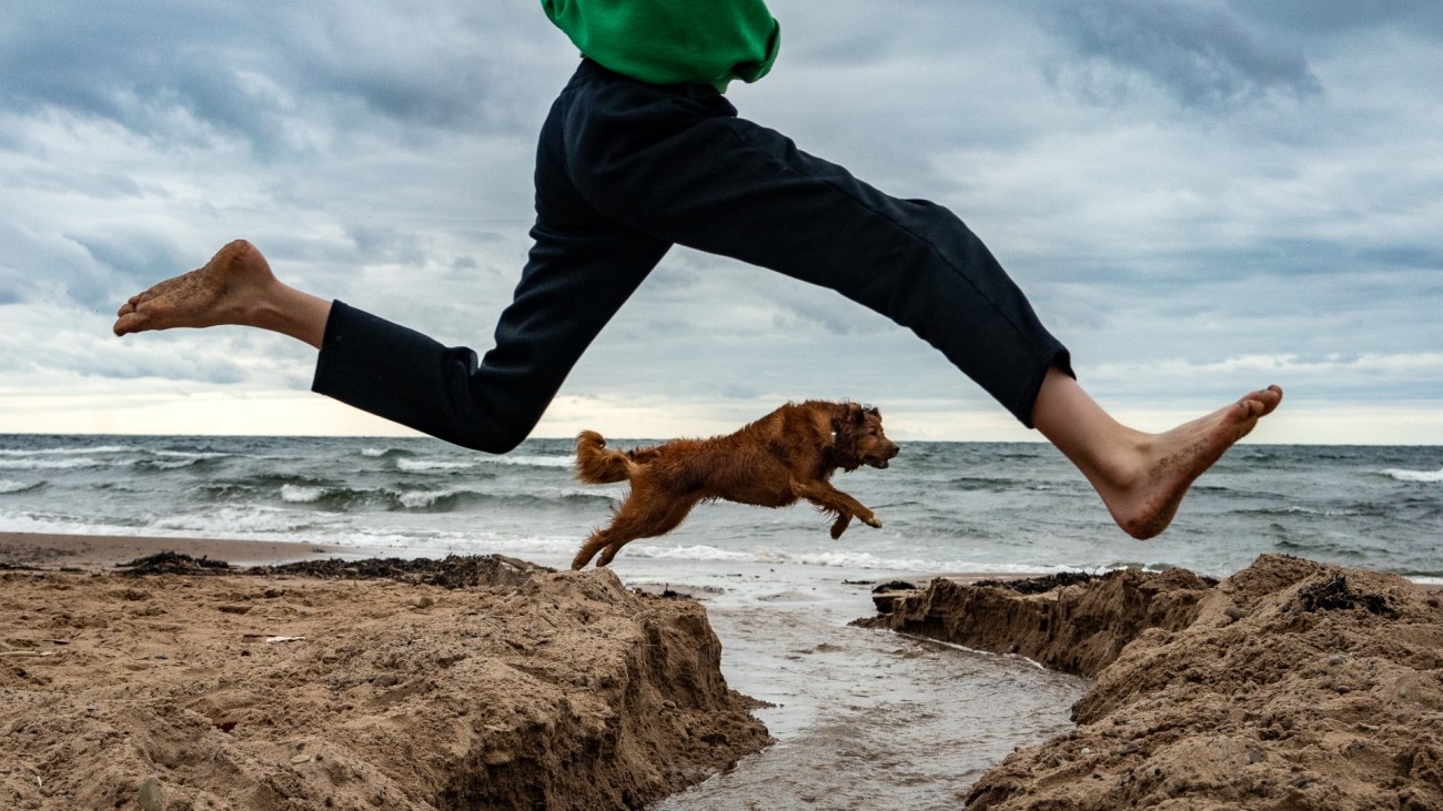 Поощрительная премия в категории «Уличная фотография», 2020. Мальчик в прыжке с собакой на пляже острова Кейп-Бретон. Автор Пол Макнейл
