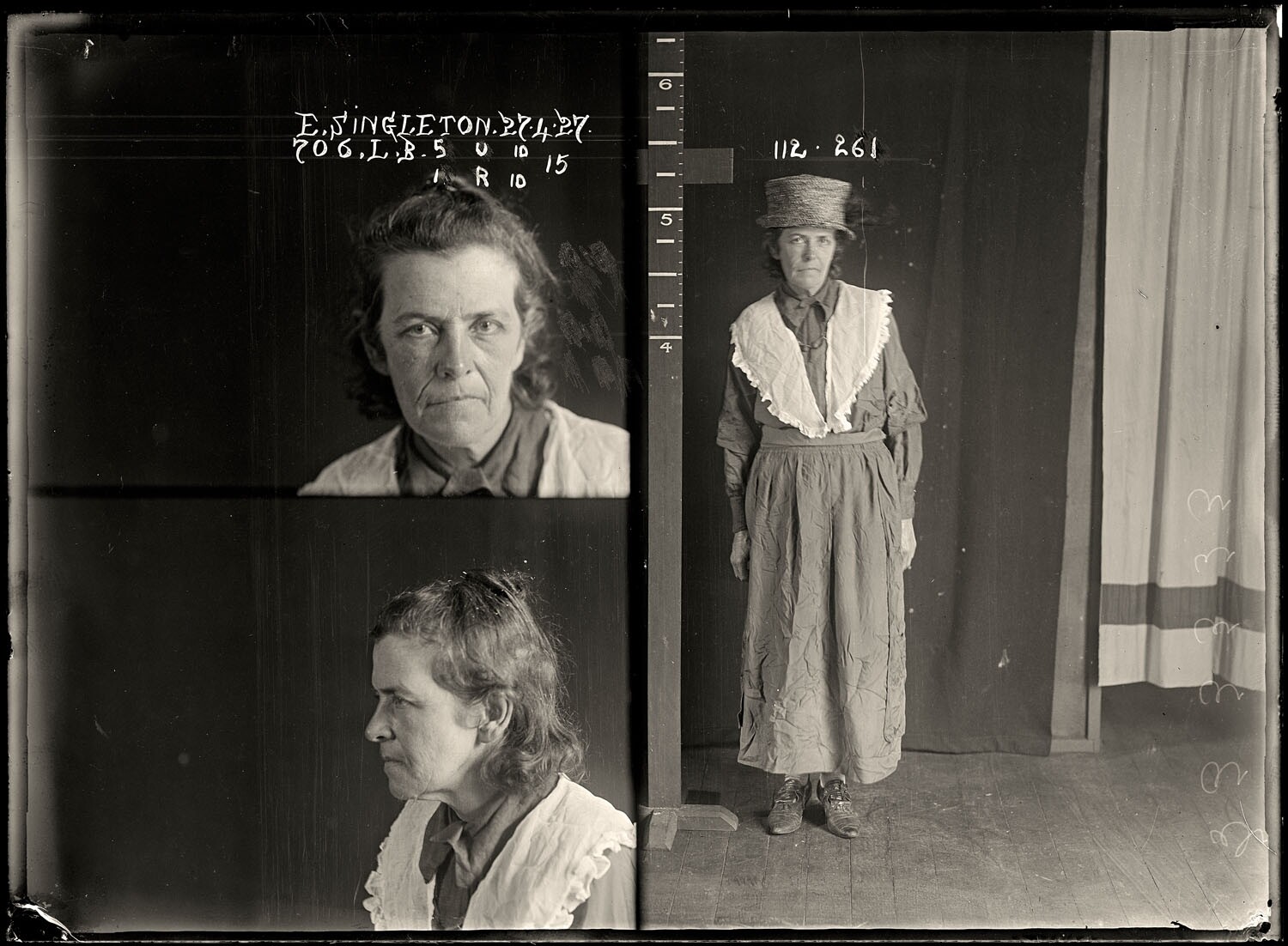 Элизабет Синглтон, имела судимости за приставание к мужчинам и была описана в полицейских протоколах как обычная проститутка, 9 июля 1905 года. Архив судебной фотографии полиции Нового Южного Уэльса