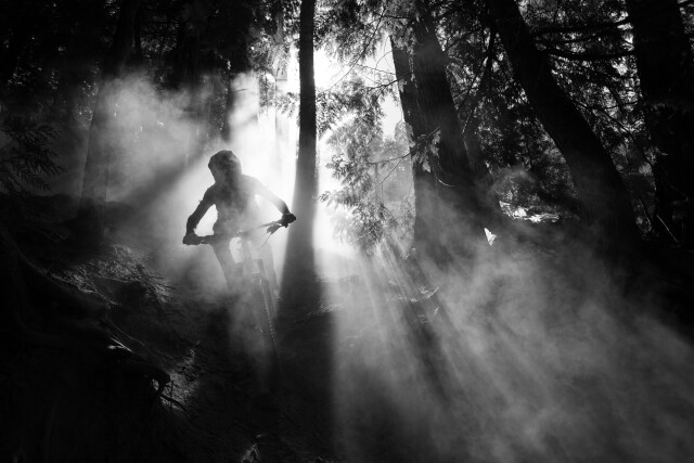 Победитель в категории RAW by Leica, 2021. Игра с пылью и светом. Гонщик Дилан Сиггерс на горном велосипеде. Фотограф Бруно Лонг