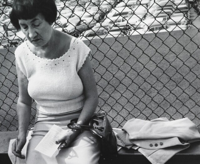 Сидящая за ограждением женщина, ипподром в Белмонт-парке, 1956 год. Фотограф Лизетта Модел