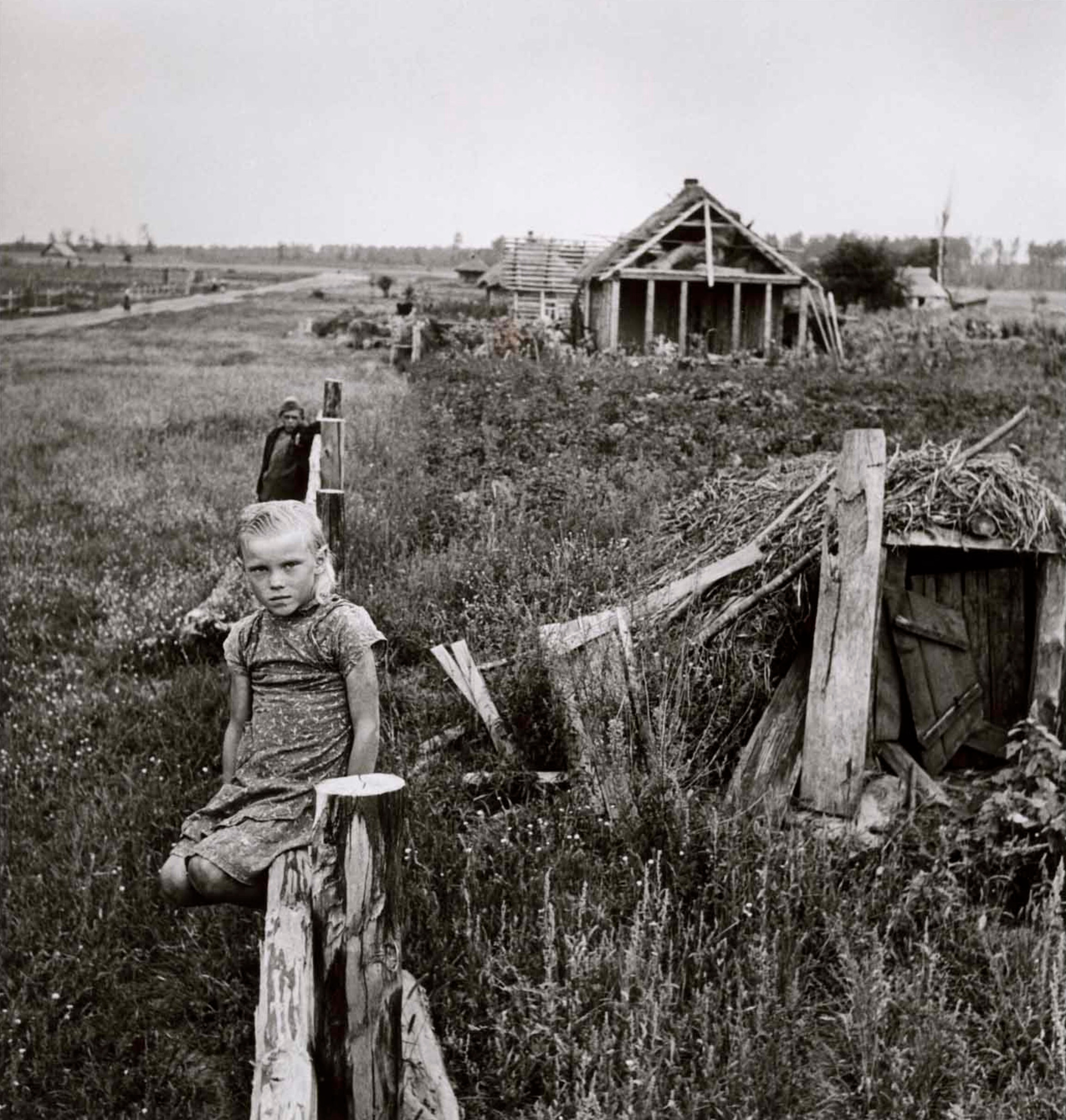 Девочка сидит на деревянном заборе в колхозе, Украина, август 1947 год. Фотограф Роберт Капа