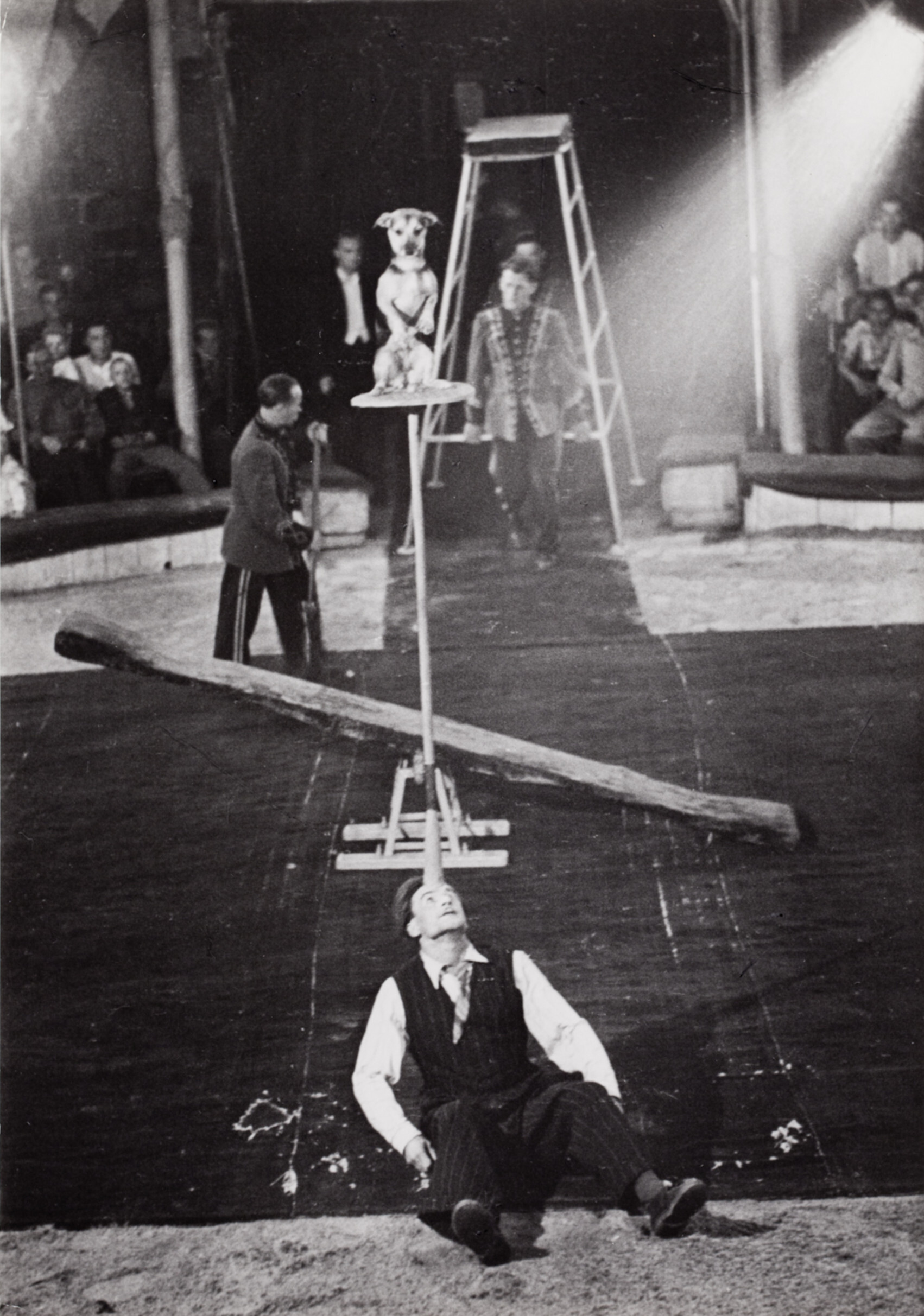 Клоун балансирует собаку на голове в цирковом номере, Киев, 1947 год. Фотограф Роберт Капа
