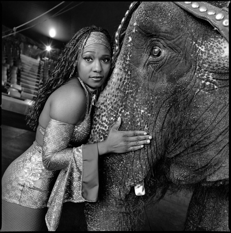 Слониха Анна Мэй со своей партнершей Марго Портер. UniverSoul Circus, Бруклин, Нью-Йорк, 2003 г. Фотограф Мэри Эллен Марк