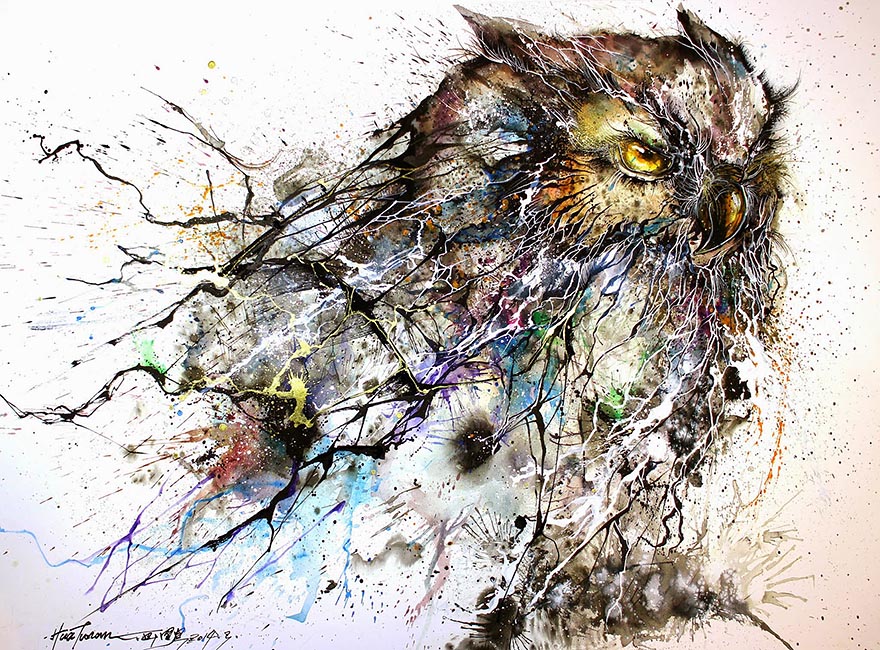 Художник создает потрясающие портреты совы из хаотичных брызг красок-4