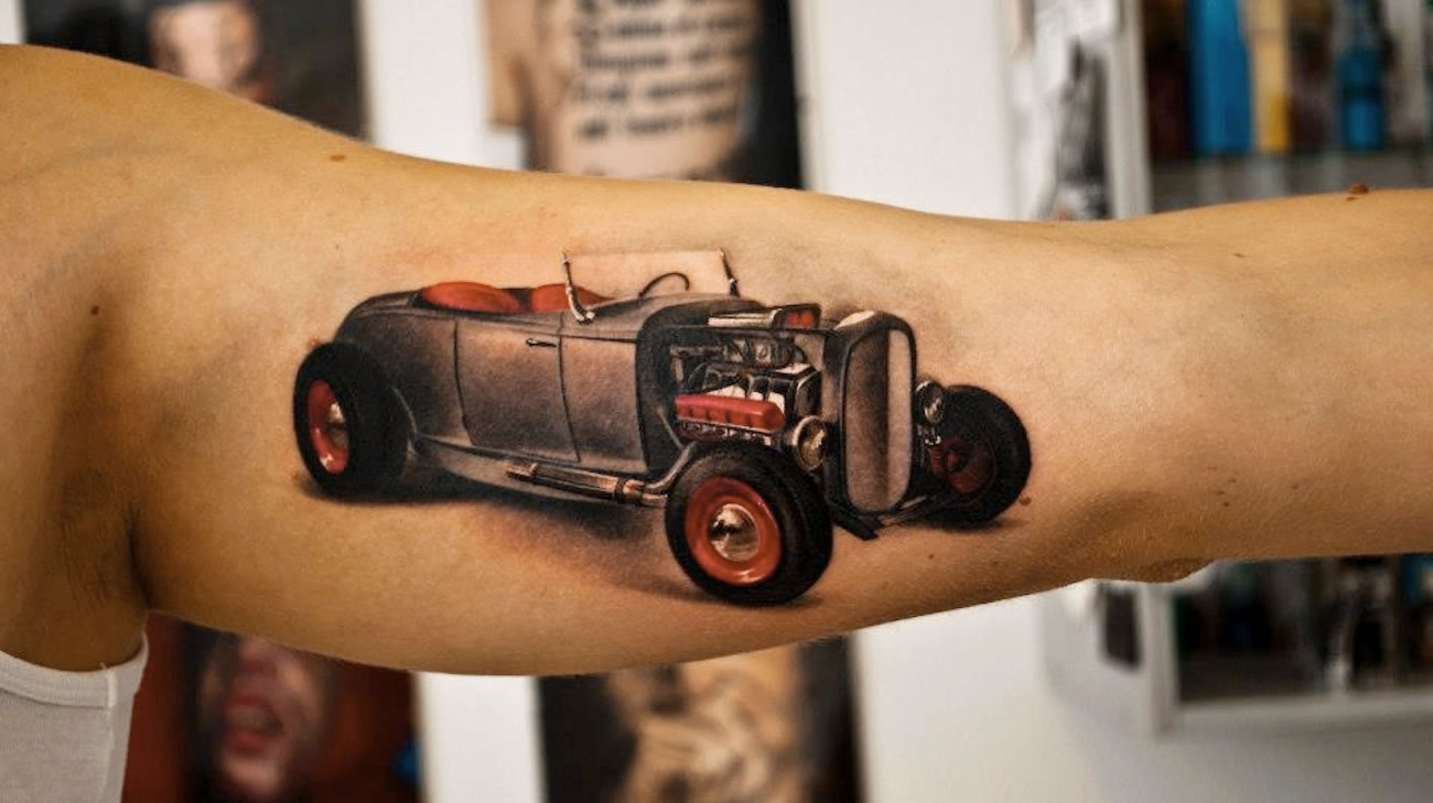 vintage car tattoo by Denis Sivak.