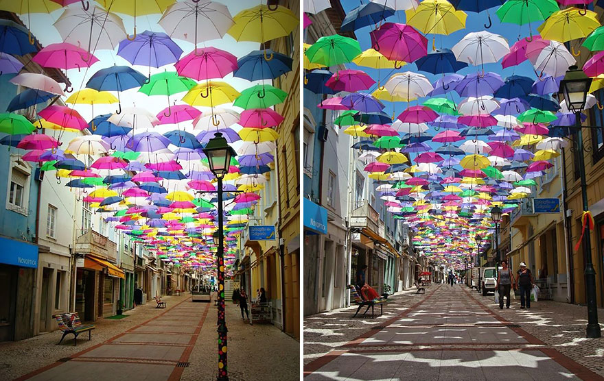 Сотни зонтиков над улицами в Португалии-2014-3