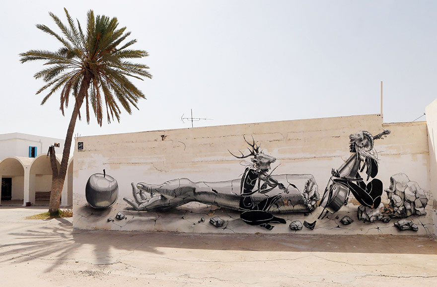 Массовый многонациональный стрит-арт в тунисской деревне от 150 уличных художников-2