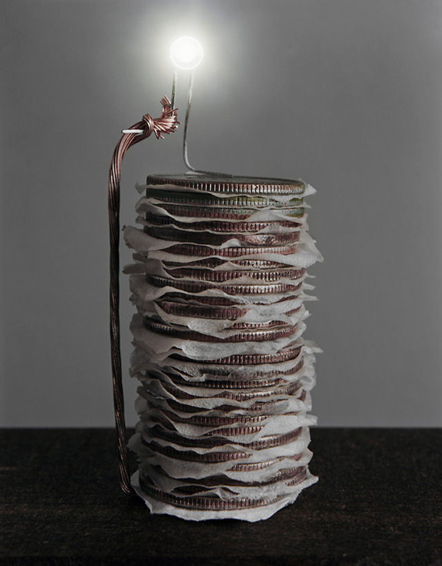 Photographer Caleb Charland Wires Apple Trees, Fruit Baskets and Stacked Coins to Create Alternative Batteries