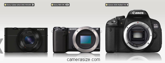 Sony NEX-5R, Canon T4i, Sony RX100 camera size comparison