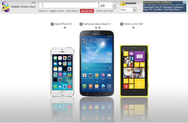 Онлайн-сервис: сравнение размеров мобильных телефонов и планшетов