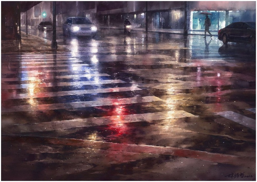 Дождь в большом городе. Акварельные картины Лина Чинг Че 4
