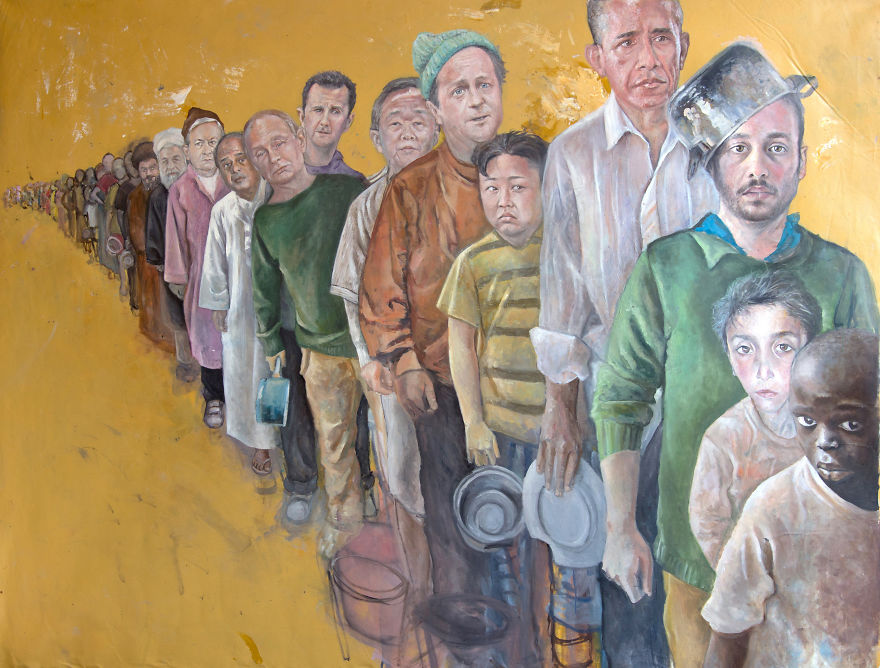 «Уязвимость»: сирийский художник изобразил мировых лидеров в образе беженцев 7